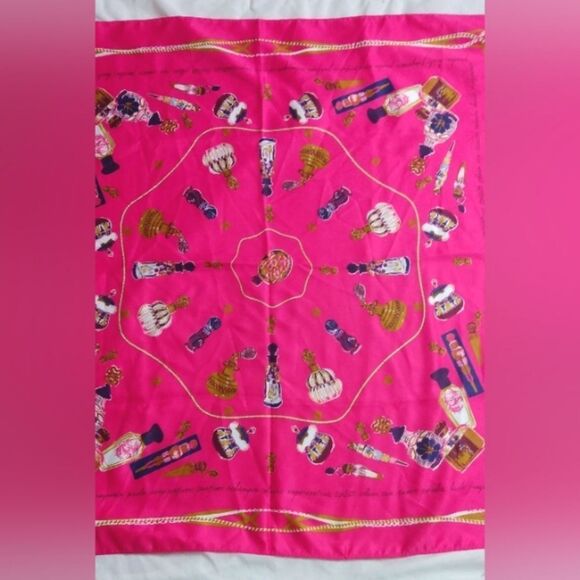 Vibrant Hot Pink Scarf with Vintage Perfume Bottles Large - Picture 3 of 13